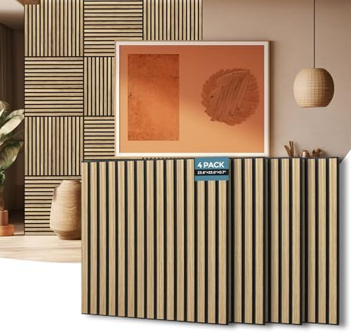 AKUMAX 4 Pack Extra Thick Contemporary Acoustic Wood Slat Wall Panels-Ceiling and Sound Absorbing-Fire Retardant & FSC-3D Slat Wall Panelling for Wall-60 * 60cm (Teak)
