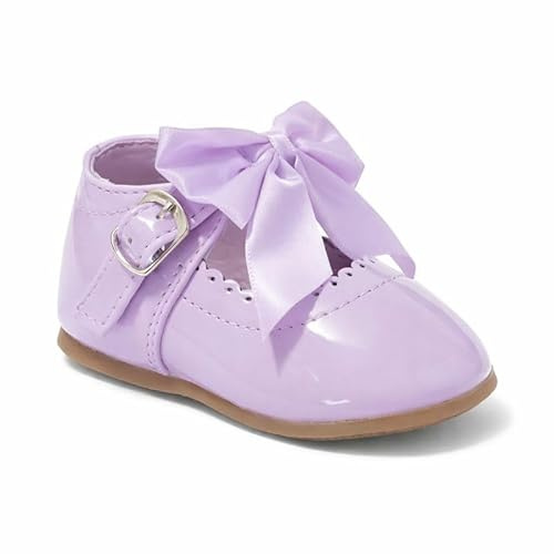 Girls Spanish Bow Shoes Shiny Patent Baby White Pink Camel Navy Blue Black Cream Red Grey (Lilac, UK Footwear Size System, Infant, Numeric, Medium, 4)