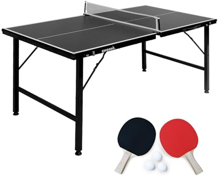 sweeek - Mini Table de ping Pong 150x75cm - Table Pliable Indoor Noir. avec 4 Raquettes et 6 balles