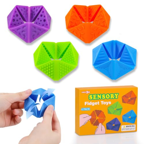 Zourglow 4 stycken texturerade fidgetleksaker anti-stress för ADHD Autism | Lugnande sensoriska koncentrationsleksaker, ångestdämpande föremål för barn och vuxna, flerfärgade