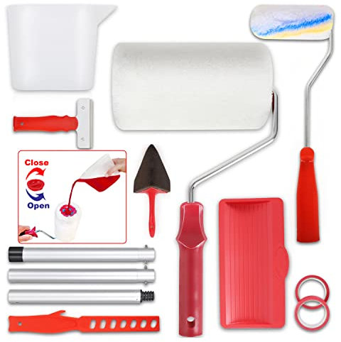 J.funyear Fillable & Extendable Paint Roller Set with Extension Pole - Professional Ceiling & Wall Painting Kit, No Mess, No Prep, 1L Refillable Capacity for Walls, Floors, Furniture (12 Pcs)