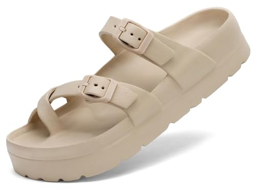 Waysoland Women's Platform Sandals with Arch Support Comfortable Slides Thick Soles Flat Sandals With Adjustable Buckle & Ultra Cushion(Beige,4 UK)