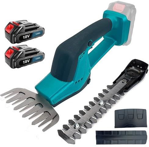 Akku Heckenschere 18V, Ersatz für Makita 18V Akku, 2 in 1 Heckenschere akku Schnittbreite 13cm, Schnittlänge 22cm, mit 2 x 3.0AH Akku und Ladegerät, für Rasen- und Gartengestaltung