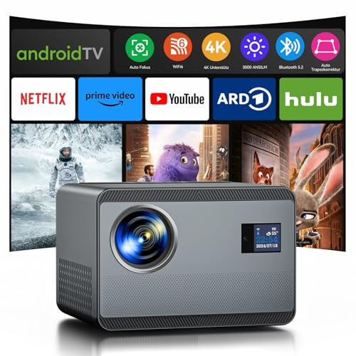 Beamer 4K mit Netflix, 30000 Lumen 1000 ANSI Beamer Autofokus/Trapezkorrektur Tageslicht Beamer Outdoor WiFi6 Bluetooth, 1080P Full HD Beamer Heimkino, LED Beamer Android YouTube/Prime Video