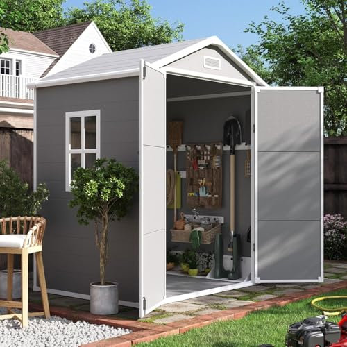 Amopatio Outdoor Resin Storage Shed 6x4.5 FT, Plastic Garden Shed for Bike, Garbage Can, Tool, Outside Sheds & Outdoor Storage Storage Box with Lockable Door for Backyard, Patio, Lawn, Grey & White