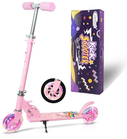 Nattork Patinete para niños, patinete para niñas y niños, portátil, construcción plegable ligera con sistema de frenado y manillares ajustables en altura, soporta hasta 50 kg - Rosa