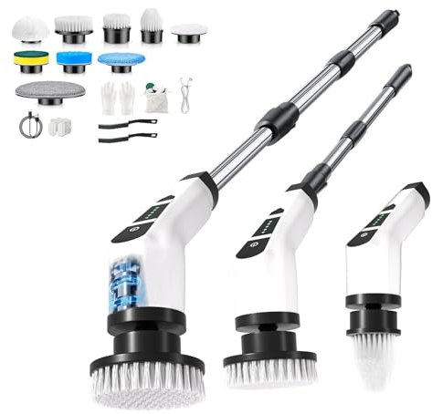 Cepillo Electrico Limpieza Hogar,Cepillo Limpieza Electrico con 9 Cabezales Reemplazables,Dos Velocidades Regulables,Mango Telescópico, Baño,Cocina y Automóvil