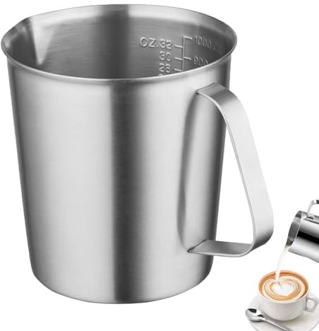 Messbecher 1L Edelstahl, Edelstahl Milchkännchen, Messbecher Milchkännchen, Handheld Aufschäumkännchen, Creamer Milch Aufschäumer Kännchen, für Milch, Wasser, Limonade, Cocktails und Säfte