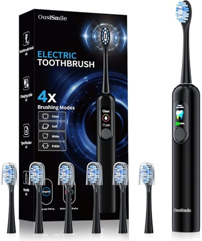 Sonic Electric Toothbrush with LED Smart Display, Sonic Toothbrush 4 Modes & 6 Brush Heads, 45-Day Battery, 38400 VPM Deep Clean, 2 Min Timer, IPX7 Waterproof Rechargeable Toothbrush for Travel & Home