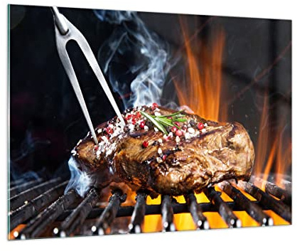 Vidrios decorativos 100x70cm Cuadro Sobre Vidrio Moderno Carne parrilla llamas comida Grande Cocina Cuadros Pared Impresiones Decoracion Salon Impresión en Cristal Wall Art Prints GAA100x70-2865