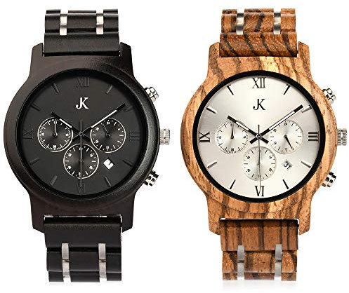 Kim Johanson Herren Holz-Edelstahl Armbanduhr *Air Force* in Hellbraun & Dunkelbraun Chronograph mit Einem Gliederarmband Handgefertigt Quarz Analog Uhr inkl. Geschenkbox (Set)