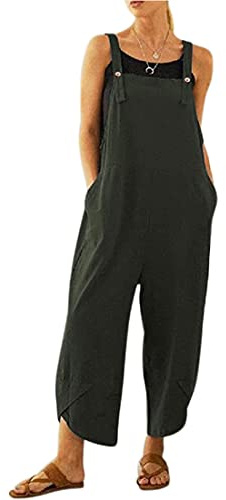 BRONG Kvinnors overaller ledig klädsel hängselbyxor mjukt bomullslinne dam jumpsuit säckig lekdräkt justerbara remmar med fickor, gRÖN, 5XL