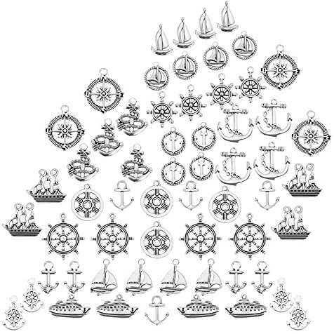SUNNYCLUE 1 Schachtel 60 Stück 15 Stile Anker-Charms Im Tibetischen Stil Legierung Helm Schiff Flach Rund Boot Fahrzeug Radform Ozean Segeln Thema Anhänger Für Die Herstellung von