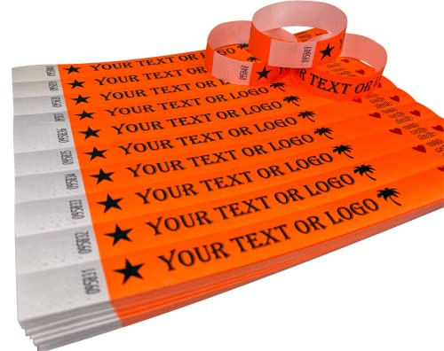 500 Pulseras Naranja neón Pulseras de Tyvek impresas a medida con su texto o logo personalizado para eventos, fiestas, festivales, identificación