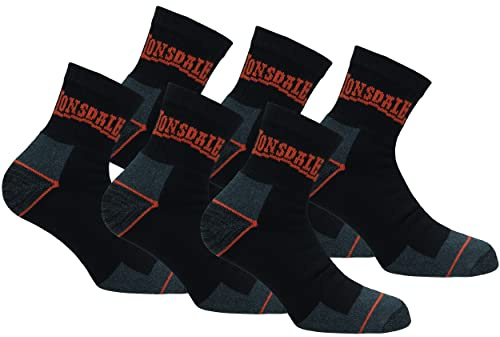 Lonsdale 6 Paires Chaussettes Quarter de Travail - Hauteur Cheville - Chaussures Sécurité - Pointe Talon Renforcés - Coton éponge (Noir, 43-46)