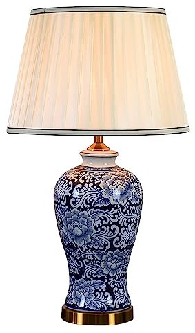FAZRPIP Large Chinese Oriental Ceramic Table Lamp Blue Floral Pattern Overall Height 65cm Hand-Painted Chinoiserie Lamp For Living Room, Study Office Vase-Shaped Table Lamp