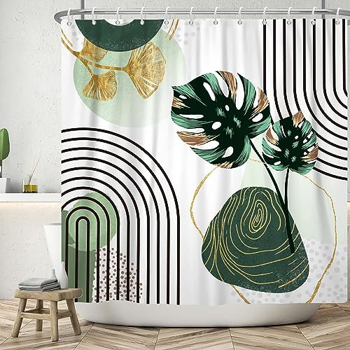 ASDCXZ Boho Blätter Duschvorhang 180x180 cm, Modern Abstrakt Kunst Boho Style Gold Grün Palmen Blätter Bad Waschbar Duschvorhänge Polyester Textil Wasserdicht Badevorhang für Badewanne mit 12 Haken