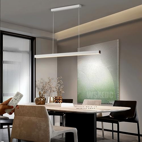 Lampada a sospensione Bianco lineare a LED per sala da pranzo lampada L80cm 32W dimmerabile lampadario moderno in acrilico soggiorno cucina ufficio Regolabile in altezza con telecomando Ciondolo
