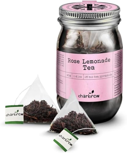 Charbrew Rose Lemonade Tea Blend – 16 Compostable Fine Mesh Pyramid Teabag Infusers with String & Tag in Reusable Glass Mason Jar Premium Tea from Sri Lanka 40g/1.14oz