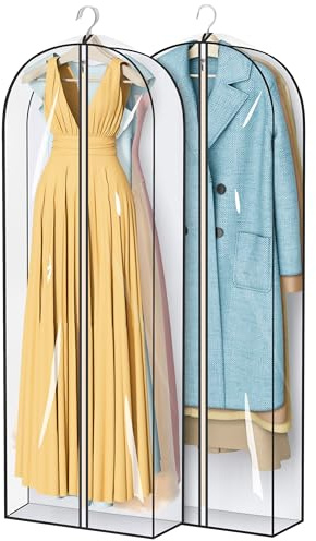 MISSLO 65 Clear Garment Bags for Dress Covers 4 Gusseted Dress Bag for Women Long Hanging Clothes Covers Protector Bags for Coats, Suits, 2 Packs