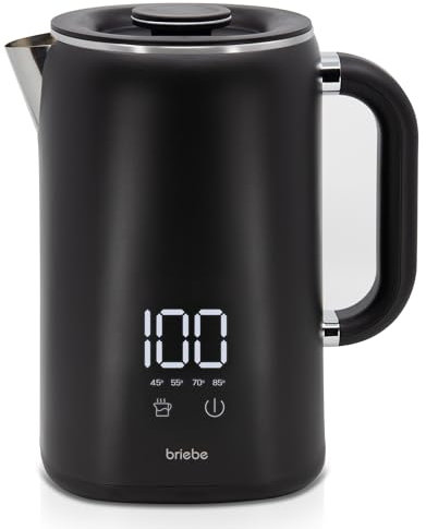briebe eBoil Bollitore Elettrico 1,7L Display Digitale Temperatura Regolabile 45°C a 100°C Funzione Keep Warm, 1500W, Interno in Acciaio Inox, BPA Free, Base 360°, Controller Strix, Nero