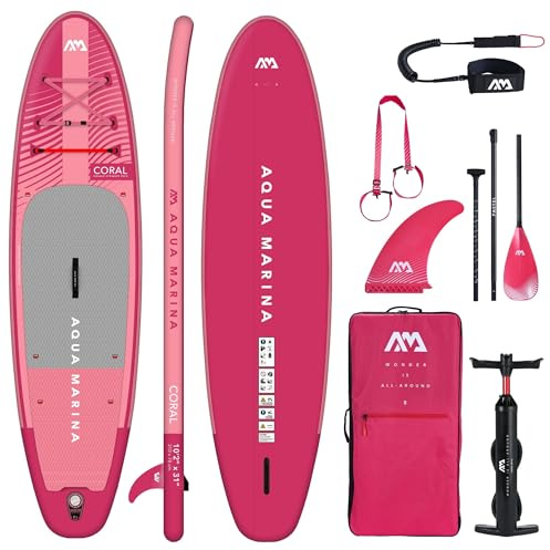 Aqua Marina Stand Up Paddle Coral 310 x 78 cm – Planche de SUP gonflable avec kit complet – Avec pagaie, pompe, sac à dos et aileron – Légère, stable et polyvalente