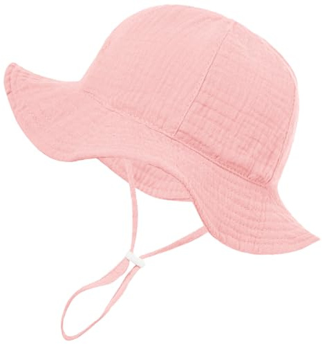 HZHSGLY Baby Sun Hat 6 12 Months, Baby Bucket Hat with Adjustable Chin Strap, Babies Summer Hats with Large Brim Cotton Floppy for UV Protection Newborn Sunhat (UK, Alpha, One Size, Pink)