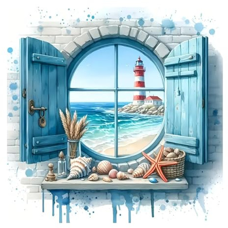 5D Diamond Painting Kit Completo Finestra, Faro Pittura Diamante FAI DA TE, Paesaggio Diamond Painting Adulti, Strass Ricamo a Punto Croce Painting per Decorazione Casa 30x30cm