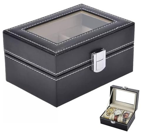 Urganvem Porta Orologi a 3 Posti, Scatola Portaorologi, Scatola Per Orologi in PU con Coperchio in Vetro Cuscini Rimovibili Scatolas Porta Orologios Portas Orologis Uomo Donna PIdea Regalo(Nero)
