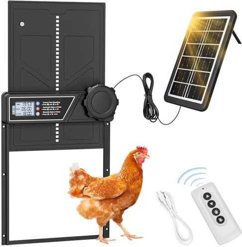 Puerta automática de gallinero alimentada por energía solar con temporizador y sensor de luz