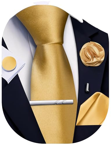 Ailisus Gold Tie and Pocket Square Set Solid Necktie Cufflinks Tie Clip Lapel Pin for Men Wedding Business 5PCS