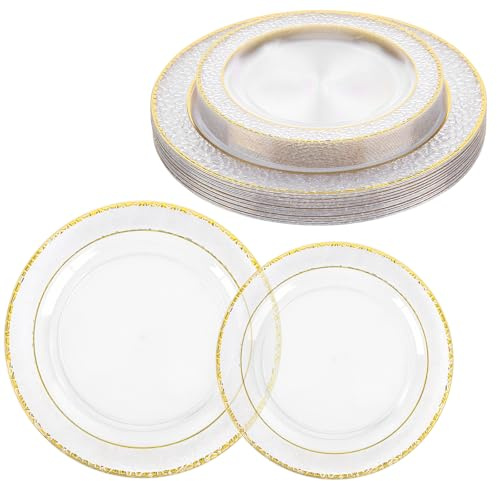 CHEUKYIU 40 stycken plasttallrikar med guldkant, 19 cm och 26 cm transparent elegant plasttallrik återanvändbar för bröllop, fest, återanvändbara rätter