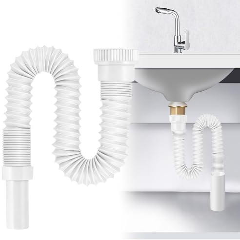 Flexibel avloppsslang G1 ½ tum med förstärkt ståltråd, utdragbar 350–760 mm vatten/luktlås för kök och badrum, handfat (vit)