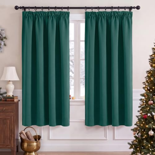 PONY DANCE Blackout Pencil Pleat Curtains, Dark Green, W52 x L72, 2 Panels | Thermal Insulated Curtains with Noise Reducing & Privacy, Luxury Soft Window Treatment for Bedroom & Living Room