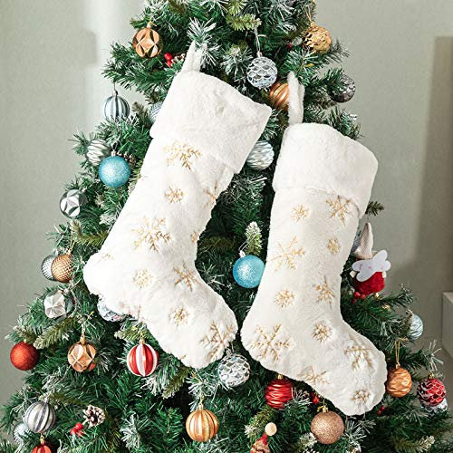 Deggodech 2Pcs Traditional Christmas Stockings White Faux Fur Large 22inch Hanging Xmas Stockings Personalised with Gold Snowflake for Christmas Fireplace Decorations Socks (Gold, 56CM)