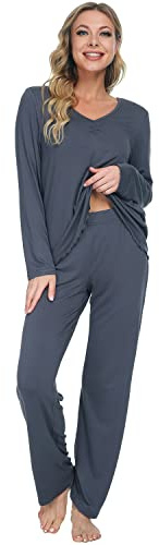 Mnemo Pyjama pour Femme Ensemble de Vêtements de Détente en Tricot Doux à col en V avec Ourlet Ondulé Exquis 2 Pièces de Vêtements de Nuit Confortables, Gris Foncé, L