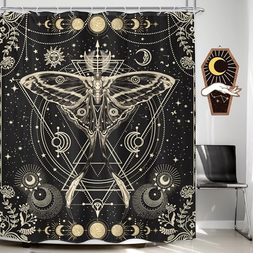 LGhtyro Duschvorhang mit Goldener Motte, 152 x 180 cm, Mondphase, Duschvorhang, Badezimmer-Set, Gothic, schwarzer Schmetterling, Mondlicht, Badevorhang, Hexe, Tarot, Halloween, Badewannenzubehör,