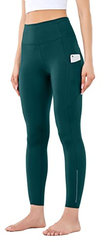 Leovqn High Waist Yoga Pants with Pockets Gym Legging Women Sport Running Stretch Leggings for Workout-Dark Green-S