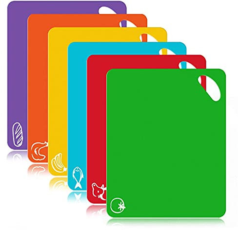 MixcMax Kitchen Plastic Cutting Board Set: Extra Thick Flexible Chopping Board, Kitchen Gadgets for Gifts with Colour Coded & Holder, Camping Cooking Equipment, Dishwasher Safe, Set of 6, Colourful