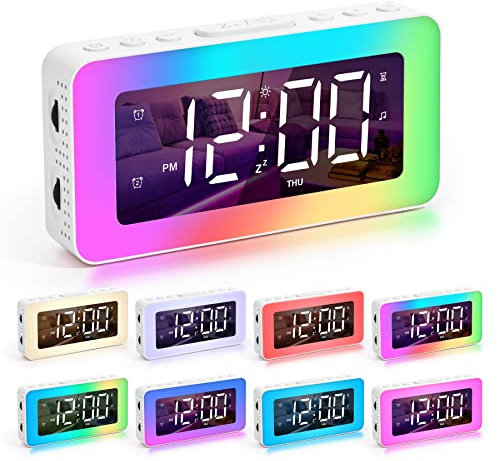 Sukeen Wecker Digital, Wecker Kinder Digital, Wecker Mit Licht, Digitaler Uhr Mit Doppelalarm, 8 Einschlafgeräusche/Nachtlichter, Einschlaftimer, USB-Ladegerät, Spiegeluhr für Schlafzimmer-Weiss