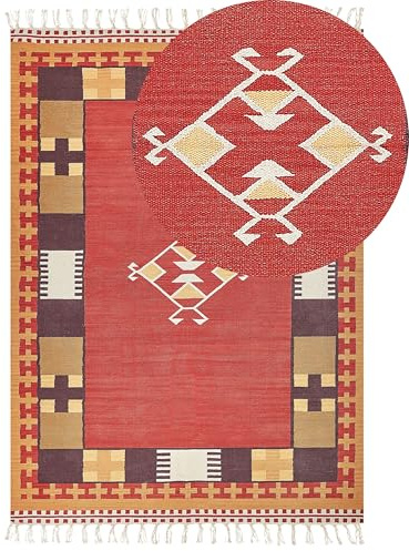 Beliani Tappeto Kilim in cotone tessuto a mano reversibile con motivo geometrico e nappe multicolore 200 x 300 cm