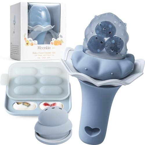 Moonkie chupete de frutas para bebés con bandeja de congelación, 1 piezas, a partir de 4 meses, bolsa de dos tamaños, mango con sonajero, silicona sin BPA