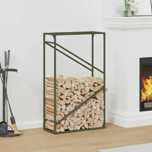 Brokky 864330 Firewood Rack Olive Green 60x25x100 cm Cold-rolled steel Firewood Holders Indoor Wood Stove Outdoor Fireplace Heavy Duty Wood Stacking Wood Storage Kit for Fireplace Tool