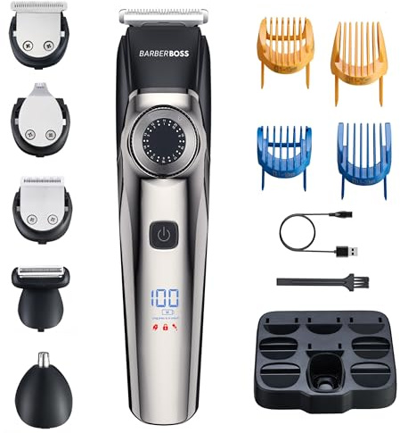 BarberBoss Men's 5-in-1 Grooming Tool – Beard & Hair Trimmer, Cordless Body Groomer, Waterproof Men's Clippers with LED Display & USB Charging