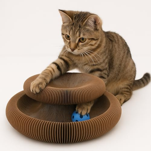 Flamingo griffoir pour Chat - Jouet griffoir Kava Brun Rond 11,5x10,5x8 cm - Carton Recyclable - Pliable - 3 Formes avec Aimant - Balle avec Clochette - Jouet Chat