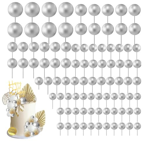 OUDQFCJ 60 pezzi Palline Cake Topper, Decorazioni Schiuma, Cupcake Topper, Decorazioni Torte, Topper Torta, Kit Pasticceria per Torta Compleanno, Feste di Compleanno, Anniversario (Argento)