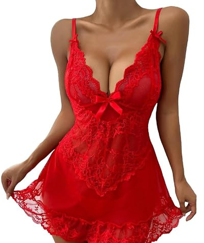 Risipu Sexy Lingerie for Women Lingerie Sets for Women UK Sexy Nightwear for Women Lace Babydoll with Robe Nightdress Sleepwear (A-Red, XL)
