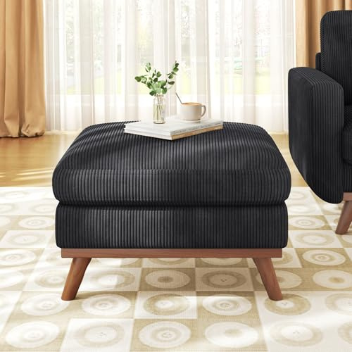 Vesgantti Large Ottoman for Modular Sofa, Large Corduroy Ottoman with Spring Cushion, Rectangle Foot Rest for Couch, Entrance Footstool with Wood Legs, Footstool for Living Room, Bedroom, Black