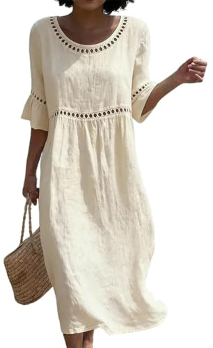 Onsoyours Robe D'Été Femme Longue Boheme Élégant Col Rond Midi Dress en Coton Lin Plage Décontractée Chic Trapèze Légère Fluide Robes Soirée