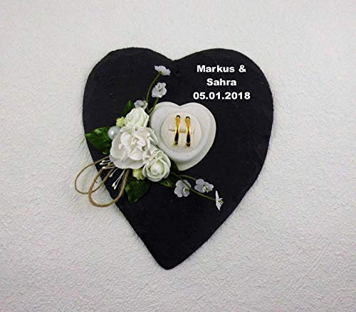 Ringkissen Schiefer Ringhalter Hochzeit Beschriftung Herz Eheringe